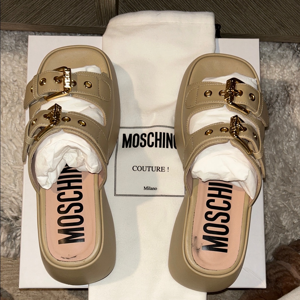 Moschino Tan Mules With Gold Accents